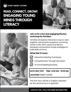 Building Strong Readers: The Power of Early Literacy, 5/21 @8:30-9:30 a.m. presented in English/Formando Lectores Fuertes: El Poder de la Alfabetizacion Temprano, 5/21 @9:30-10:30 a.m. presentado en español